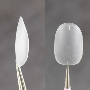 May include: Two clear, frosted artificial nail tips held by metal tweezers. The left tip is almond-shaped and pointed. The right tip is rounded and features the number 3 embossed near the top edge. Both items have a smooth, matte finish.