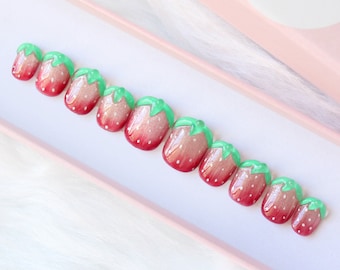 Strawberry spring nail press on/ Fake acrylic handmade