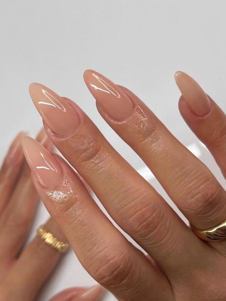 Nude almond stiletto/almond gel nails. Rose gold foil strips. Black gems.  #caatsnailsandbeauty