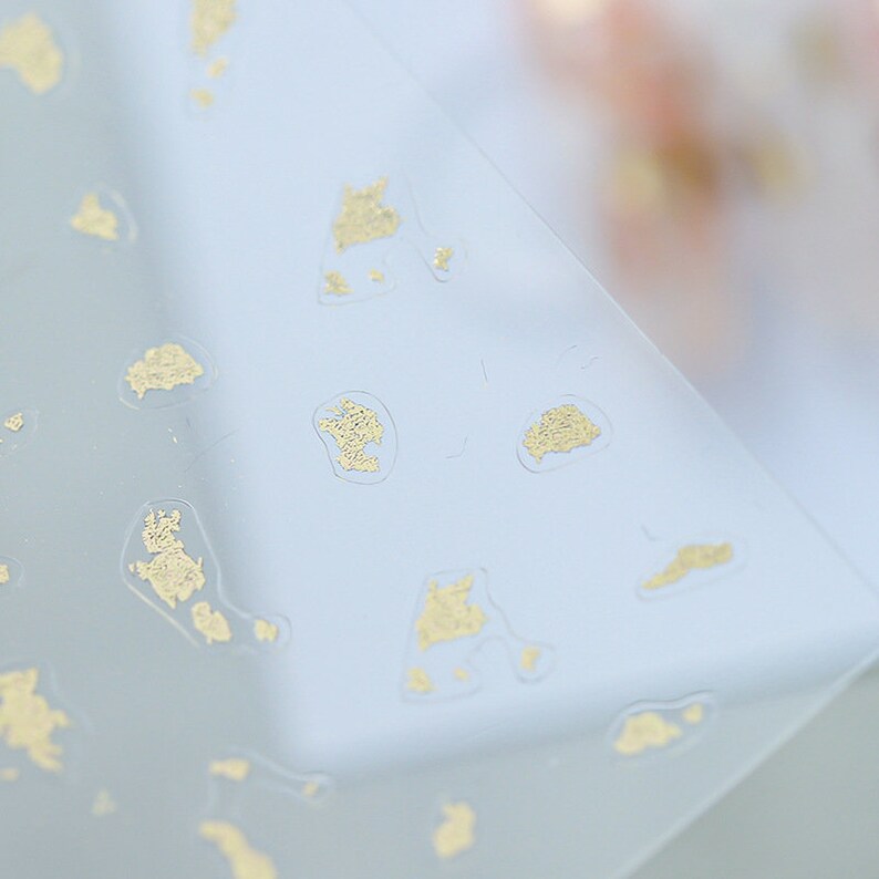 May include: A sheet of clear plastic with gold foil accents. The foil is in various shapes and sizes, creating a speckled pattern.