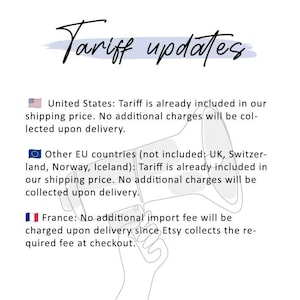 May include: An informational graphic titled Tariff updates featuring a line-art illustration of a megaphone. The text outlines tariff policies for the United States, EU countries, and France, stating that fees are included or collected at checkout.