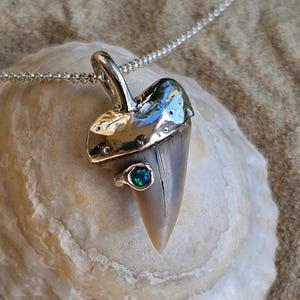 May include: A silver pendant necklace featuring a shark tooth. The tooth is grey and tan, with a silver cap and a small, round, dark green stone. The necklace chain is also silver.