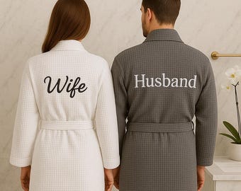 Personalised Bathrobe Dressing Gown, with Custom Embroidery, Waffle Texture, Luxury 100%  Cotton Supreme Hotel Quality, Add Your Name/ Text