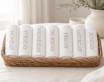 Personalised Pack of 7 Days of The Week Face Cloths 100% Egyptian Cotton, 550 GSM
