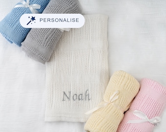 Personalised Baby Blanket Custom Embroidery Cellular Knitted Baby Blanket With Custom Name, Grey, White, Blue & Pink Super Soft Deluxe