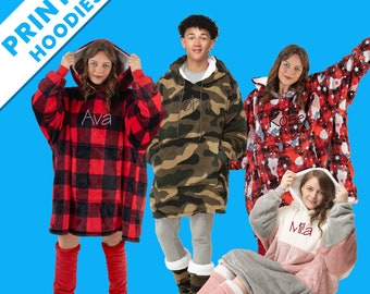 Personalised Hoodie Blankets With Patterned Designs Oversized With Sherpa Lining and Front Pocket, Adults One Size Unisex Personalised Gift