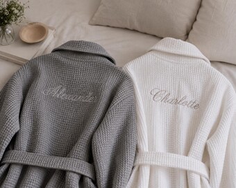 Personalised Bathrobe Dressing Gown, with Custom Embroidery, Waffle Texture, Luxury 100%  Cotton Supreme Hotel Quality, Add Your Name/ Text