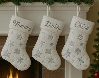 Personalised Stockings White Foil Printed Snowflakes Fluffy Personalised Christmas Gifts - Night Before Christmas, Christmas Eve