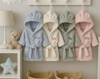 Personalised Baby Robe With Custom Embroidery Plush Velour With Hood And stitched Fastener  - 12-18 Months, 18 - 24 Months, Boys and Girls