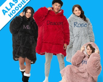Personalised Oversized Shaggy Alaska Fur Hoodie Blanket, Soft Cosy Sherpa Lined With Front Pocket, Adults One Size Unisex Personalised Gift