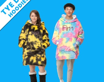 Personalised Oversized Tie-Dye Hoodie Blankets Soft And Cosy Sherpa Lined With Front Pocket, Adults One Size Unisex Personalised Gift