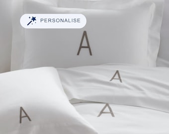 Custom Embroidered Bedding Complete Set, Premium White Pure Percale Cotton Bed Linen With Duvet Cover, Pillowcase Pair & Fitted Sheet Set