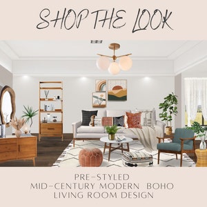 Pre-Styled Mid-Century Modern Living Room Design, Boho style decoration, mid-century furniture