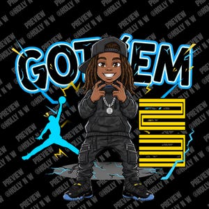 May include: Cartoon graphic featuring a young person in a black hoodie, pants, and cap, with the text "GOT EM" in blue and white. The image includes a basketball player silhouette and a yellow and black design.