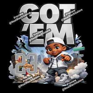 Könnte beinhalten: Cartoon-Illustration auf schwarzem Hintergrund mit dem Text "GOT EM" in großen, silbernen Buchstaben. Ein Cartoon-Junge mit weißer Kappe, Jacke und grauen Turnschuhen zeigt nach vorne. Die Zahl "23" ist ebenfalls abgebildet.