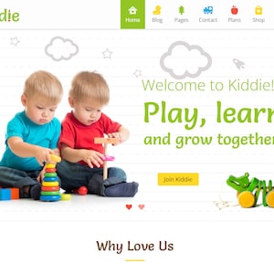 May include: A website banner featuring the word "Kiddie" in green. Two young children are playing with colourful wooden toys. The text "Welcome to Kiddie! Play, learn and grow together" is displayed. A green wooden crocodile toy is also visible.