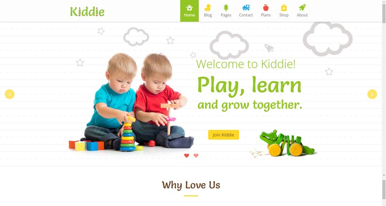 May include: A website banner featuring the word "Kiddie" in green. Two young children are playing with colourful wooden toys. The text "Welcome to Kiddie! Play, learn and grow together" is displayed. A green wooden crocodile toy is also visible.
