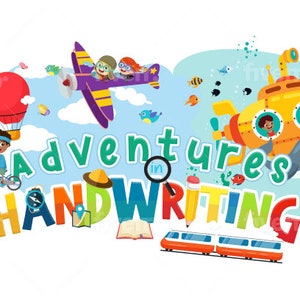 Może przedstawiać: Kolorowa ilustracja przedstawiająca ł&oacute;dź podwodną, samolot, balon na gorące powietrze, pociąg i lupę z napisem "Adventures in Handwriting" w fantazyjnym kroju pisma.