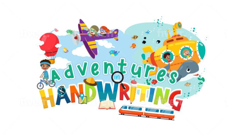 Może przedstawiać: Kolorowa ilustracja przedstawiająca ł&oacute;dź podwodną, samolot, balon na gorące powietrze, pociąg i lupę z napisem "Adventures in Handwriting" w fantazyjnym kroju pisma.