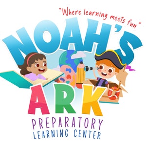 May include: A colorful logo for Noah's Ark Preparatory Learning Center. The logo features the words "Noah's Ark" in large, colorful letters. Two children are depicted, one flying a book and the other sailing a cardboard boat. The tagline "Where learning meets fun" is written in red.