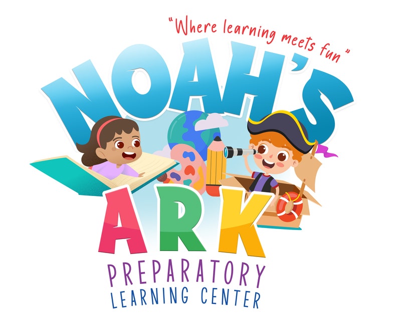 May include: A colorful logo for Noah's Ark Preparatory Learning Center. The logo features the words "Noah's Ark" in large, colorful letters. Two children are depicted, one flying a book and the other sailing a cardboard boat. The tagline "Where learning meets fun" is written in red.