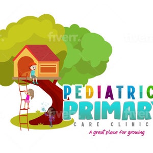 May include: A colorful logo for a pediatric clinic called "Pediatrics Primary Care Clinic". The logo features a green tree with a red and yellow treehouse, a red ladder, and three children playing. The text "A great place for growing" is below the logo.