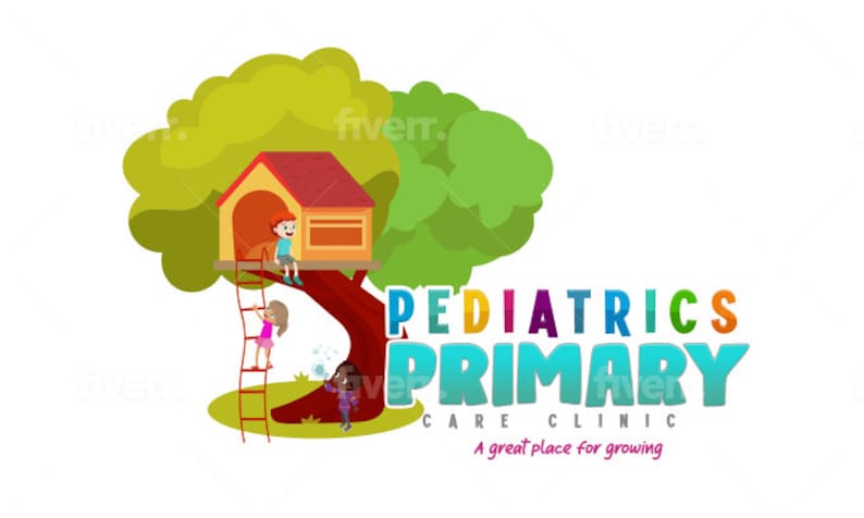 May include: A colorful logo for a pediatric clinic called "Pediatrics Primary Care Clinic". The logo features a green tree with a red and yellow treehouse, a red ladder, and three children playing. The text "A great place for growing" is below the logo.