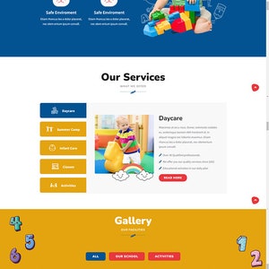 May include: Website homepage for ABC TOTS, a nursery and preschool. The site features sections on services, gallery, and contact information. Includes images of children, staff, and learning environments. The site has a red and blue colour scheme.