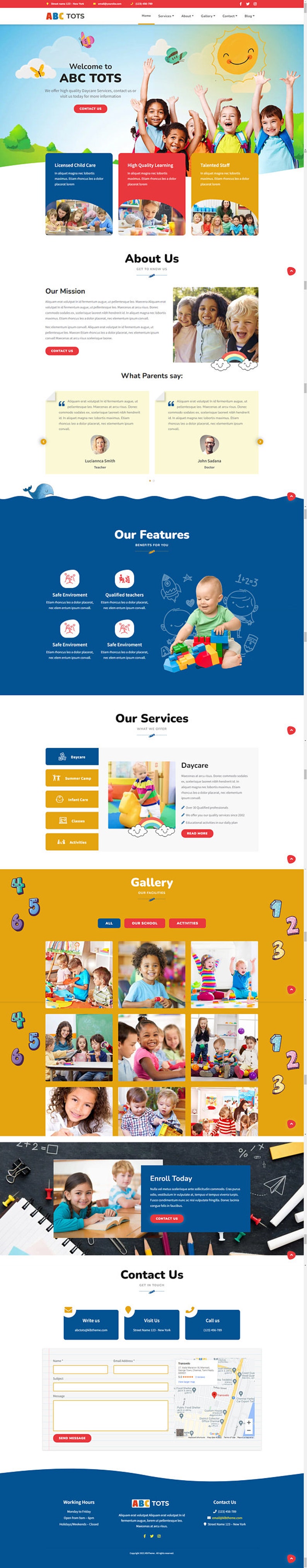 May include: Website homepage for ABC TOTS, a nursery and preschool. The site features sections on services, gallery, and contact information. Includes images of children, staff, and learning environments. The site has a red and blue colour scheme.