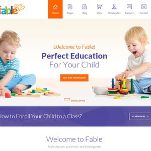 May include: A website banner for Fable daycare, preschool, and kindergarten. The banner shows two young children playing with colourful wooden toys. The text reads "Welcome to Fable! Perfect Education For Your Child."