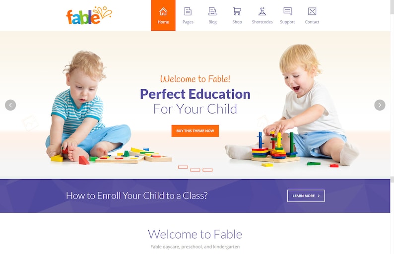 May include: A website banner for Fable daycare, preschool, and kindergarten. The banner shows two young children playing with colourful wooden toys. The text reads "Welcome to Fable! Perfect Education For Your Child."
