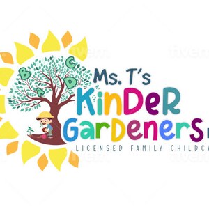 May include: A colorful logo for a childcare center called "Ms. T's Kinder Gardeners LLC - Licensed Family Childcare". The logo features a cartoon sun with a tree and a child planting a flower. The letters A, B, C, and D are on the tree.