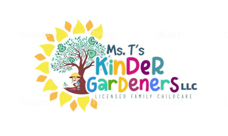 May include: A colorful logo for a childcare center called "Ms. T's Kinder Gardeners LLC - Licensed Family Childcare". The logo features a cartoon sun with a tree and a child planting a flower. The letters A, B, C, and D are on the tree.