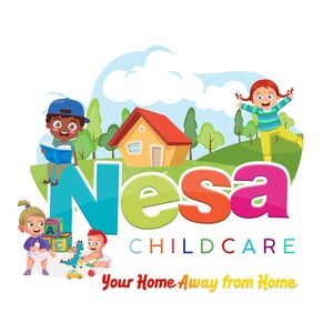 May include: A colorful logo for a childcare center called "Nesa Childcare". The logo features a house, a cloud, trees, and three children playing. The text "Your Home Away from Home" is also included.