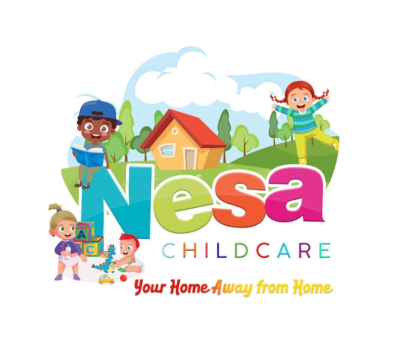 May include: A colorful logo for a childcare center called "Nesa Childcare". The logo features a house, a cloud, trees, and three children playing. The text "Your Home Away from Home" is also included.
