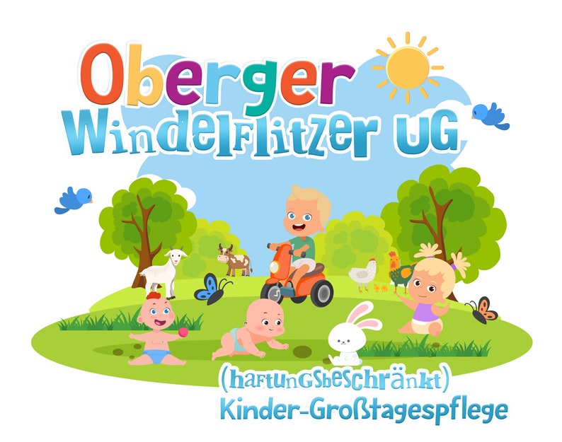 May include: A colorful illustration of a daycare center with the text "Oberger Windelflitzer UG (haftpflichtbeschr&auml;nkt) Kinder-Gro&szlig;tagespflege" and images of children playing in a park with animals and a sunny sky.