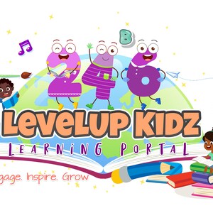 Może przedstawiać: Kolorowe logo dla LevelUp Kidz Learning Portal, przedstawiające kresk&oacute;wkowe cyfry 2, 4 i 6 stojące na globusie. Logo jest umieszczone na białym tle z gwiazdami i nutami. Tekst "Engage. Inspire. Grow" znajduje się u dołu logo.