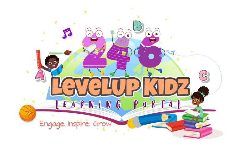 Może przedstawiać: Kolorowe logo dla LevelUp Kidz Learning Portal, przedstawiające kresk&oacute;wkowe cyfry 2, 4 i 6 stojące na globusie. Logo jest umieszczone na białym tle z gwiazdami i nutami. Tekst "Engage. Inspire. Grow" znajduje się u dołu logo.