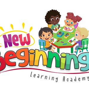 May include: A colorful logo for a learning academy called "New Beginnings Learning Academy". The logo features a group of children sitting at a table, drawing with crayons. The text "New Beginnings" is in a rainbow of colors and is stylized with a sunburst behind the word "New".