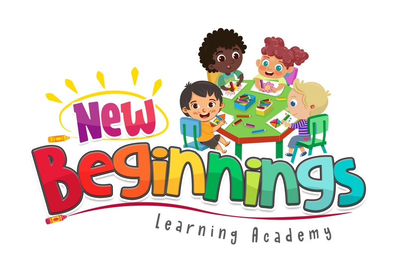 May include: A colorful logo for a learning academy called "New Beginnings Learning Academy". The logo features a group of children sitting at a table, drawing with crayons. The text "New Beginnings" is in a rainbow of colors and is stylized with a sunburst behind the word "New".