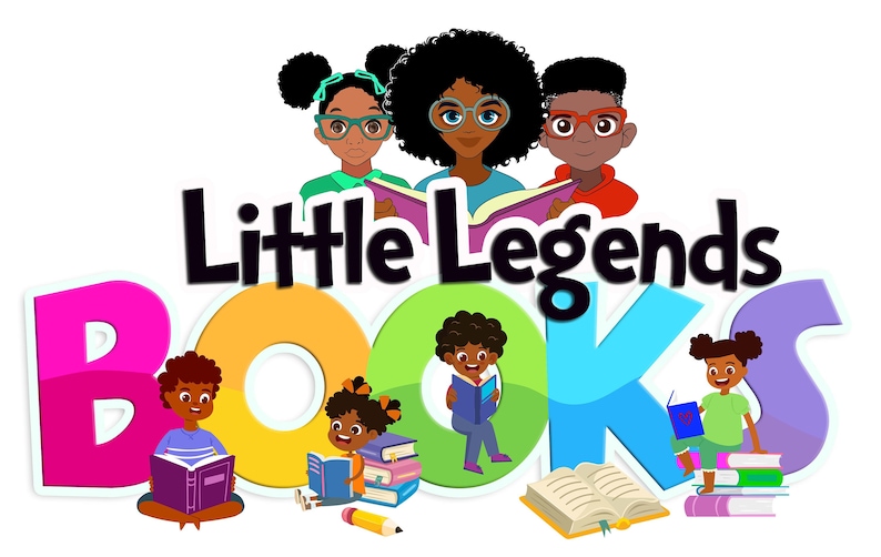May include: Colorful illustration of children reading books with the text "Little Legends Books" in black letters. The illustration features five children of color with different hairstyles and clothing, all holding or reading books.