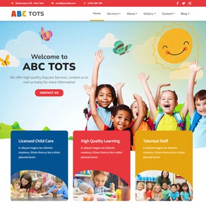 May include: A website design for ABC TOTS daycare services. The header is red with white text. The image features children with their arms raised, a cartoon sun, and butterflies. The website offers licensed child care, high-quality learning, and talented staff.