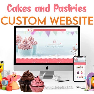 May include: A computer screen displaying a website for a bakery called "Cakes and Pastries". The website features a pink and white cupcake design with the text "made with care & love cake shopify theme". A mobile phone screen shows a similar website design. The image also includes a variety of colorful craft supplies, including paint, glue, and paper.