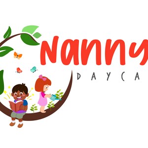 May include: A logo for a daycare called "Nanny's Daycare". The logo features a red circle with green leaves and two children, one reading a book and the other watering a plant.