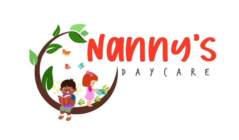 May include: A logo for a daycare called "Nanny's Daycare". The logo features a red circle with green leaves and two children, one reading a book and the other watering a plant.