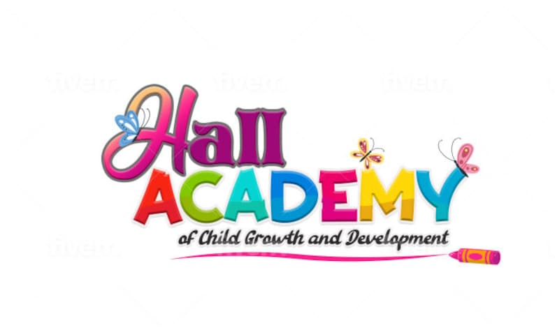 Może przedstawiać: Kolorowe logo dla Hall Academy of Child Growth and Development. Logo zawiera słowa "Hall Academy" w zabawnym kroju pisma, z każdą literą w innym kolorze. Słowa "of Child Growth and Development" są napisane mniejszą czcionką pod gł&oacute;wnym tekstem. Na obrazku są motyle i kredka.