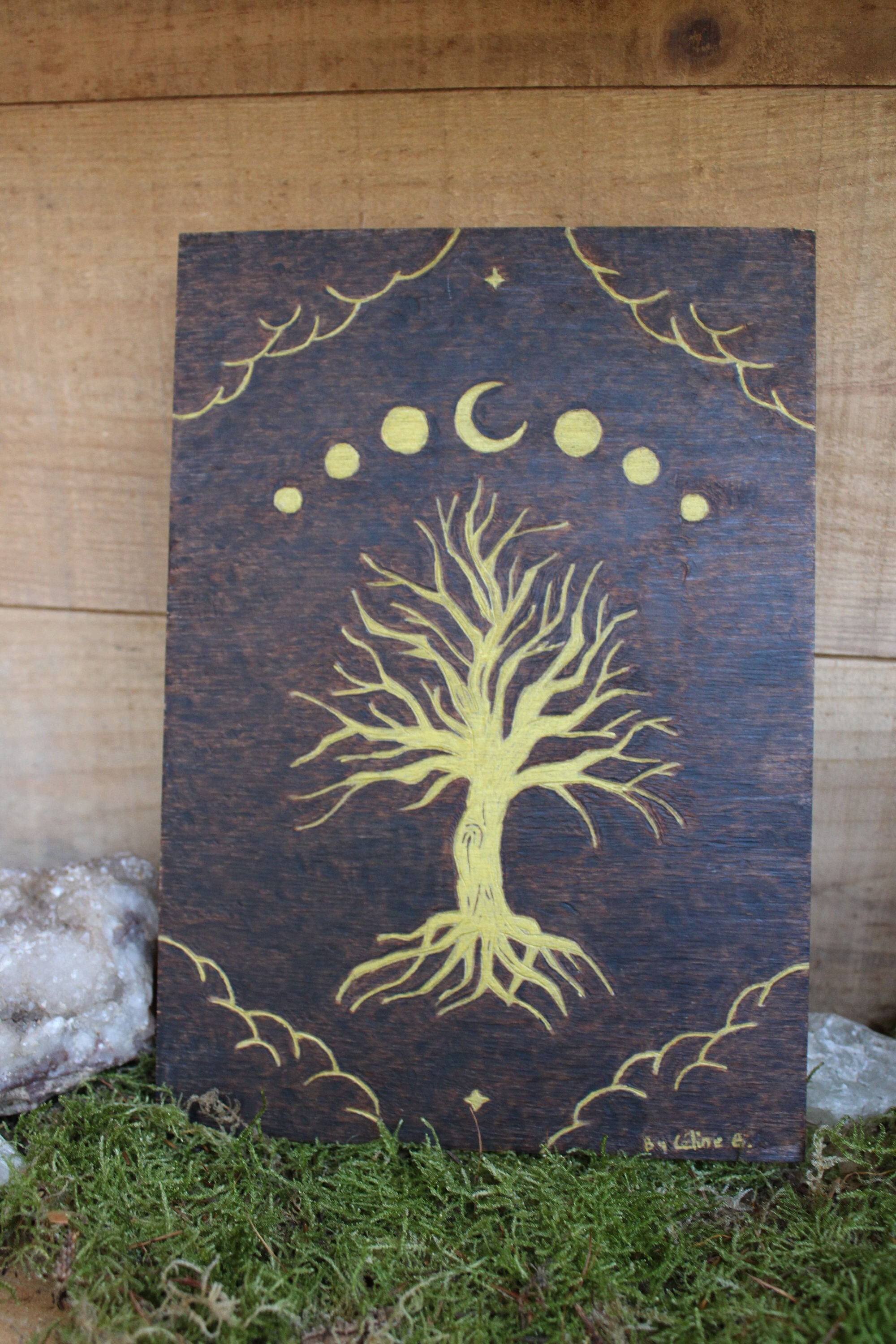 Tableau Pyrogravure sur Bois. Arbre Sous Les Phases de La Lune. Décoration d'intérieur. Cadeau à Off