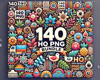 May include: A colorful illustration of 140 high-quality PNG images in a bundle. The image features a variety of icons and graphics, including flowers, plants, animals, and geometric shapes. The text "140 HQ PNG Bundle" is prominently displayed in the center of the image.