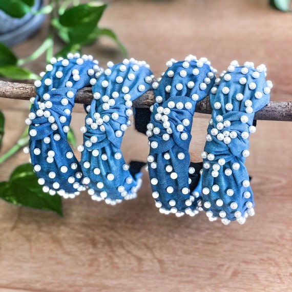 Top Knot Headband • Pearl Headband • Denim Pearl Headband  display picture 3