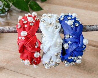 USA Jeweled Top Knot Headband • American Headband • Red White Blue Headband • Jeweled Headband •  4th of July Headband • Red Headband